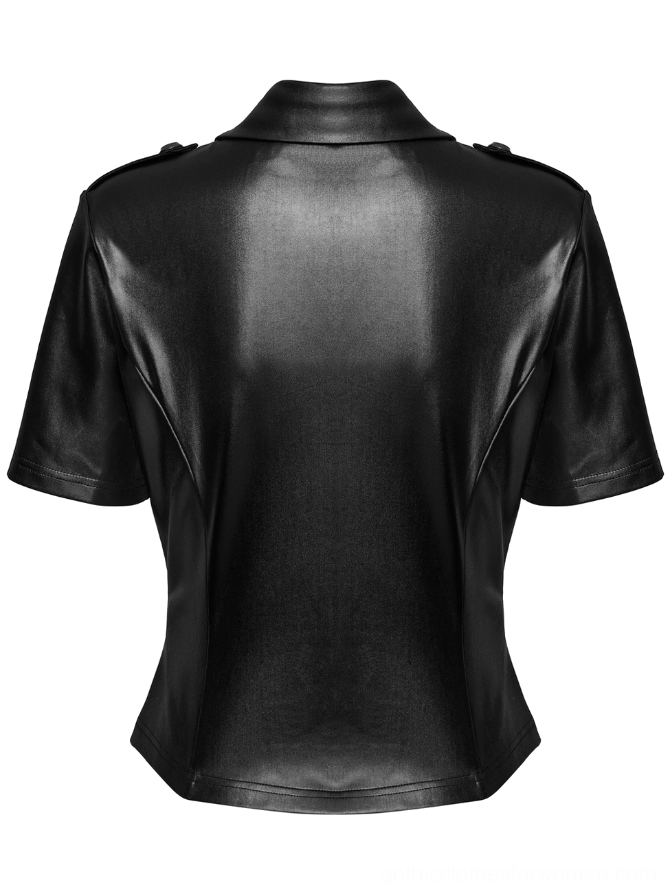 Back flat lay of black gothic military zip shirt with smooth panel and shoulder epaulet hardware