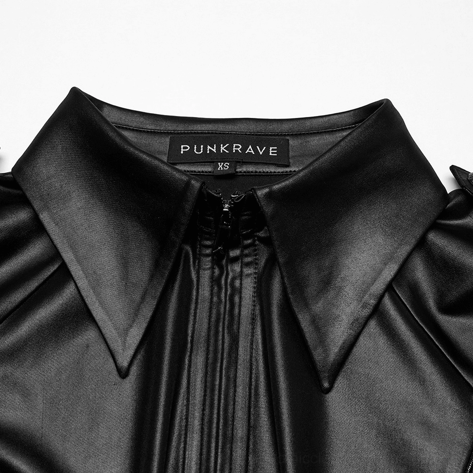 Close-up of gothic military shirt pointed collar detail with front zipper and brand sizing