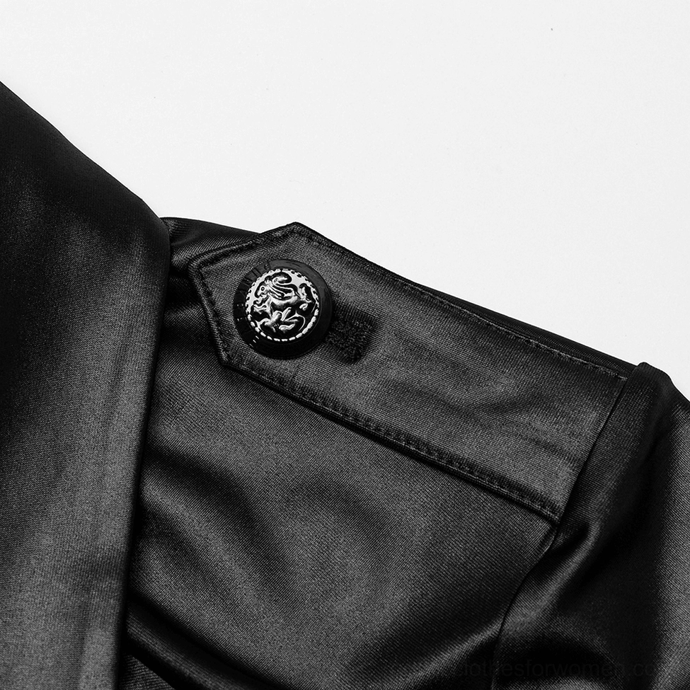 Shoulder epaulet close-up detail of black gothic military zip shirt showing embossed hardware