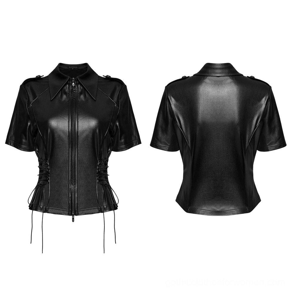 Black gothic military zip-up shirt flat lay front and back detailed view showing corset lacing