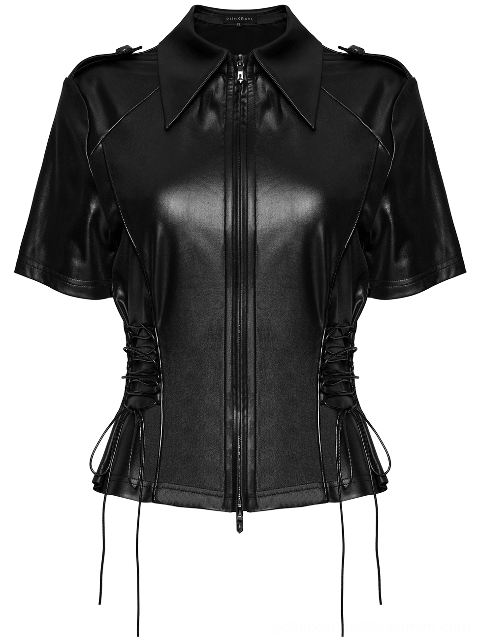 Front flat lay of black faux leather gothic military zip shirt with fitted silhouette