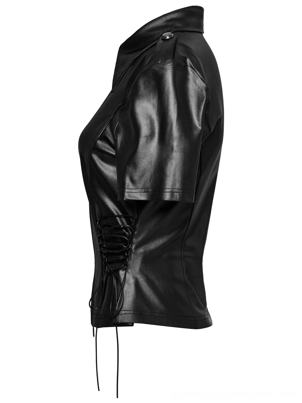 Side view flat lay of black gothic military zip shirt showing short sleeve and lace-up tassels