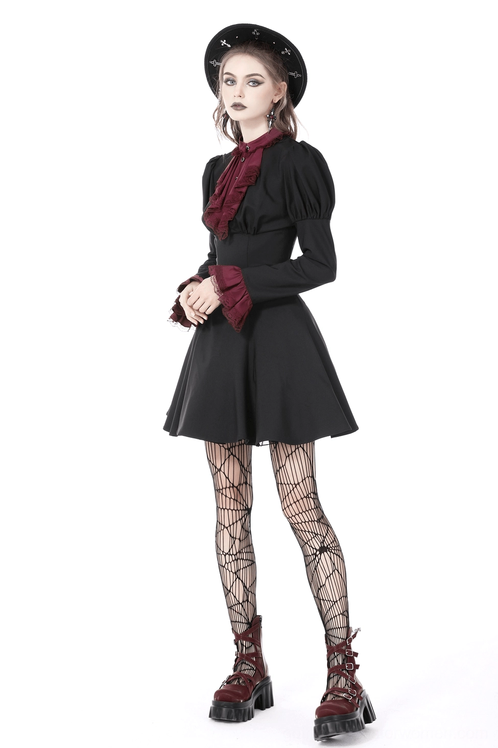 Black gothic mini dress with burgundy lace accents, complete styling and silhouette overview