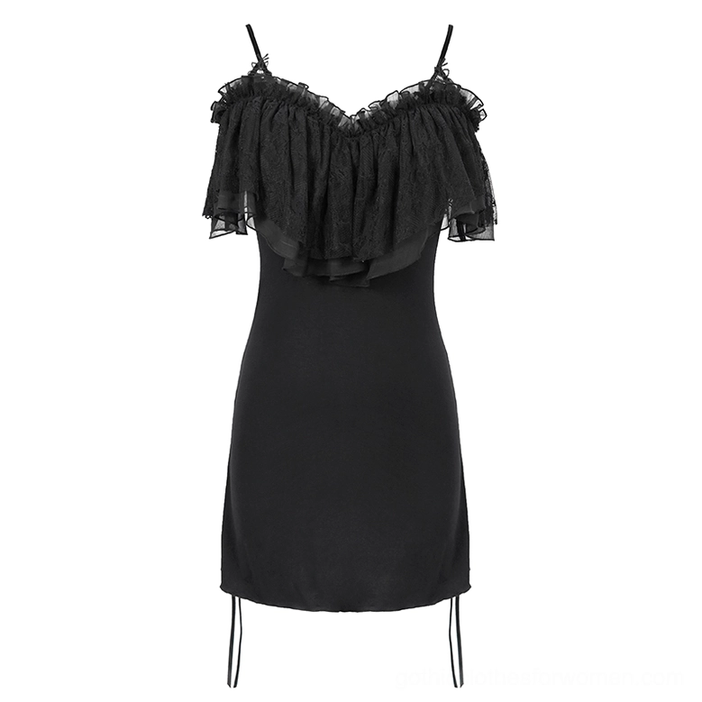 Black off-shoulder gothic slip dress with ruffled mesh neckline, flat lay front view