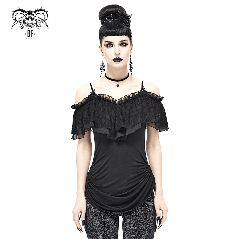 Black gothic mini dress side profile showing slim fit silhouette and adjustable drawstring