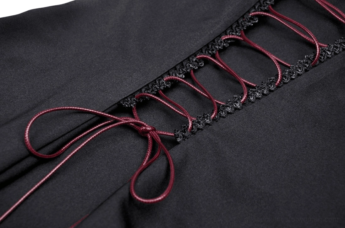 Black gothic mini dress with burgundy lace-up corset back, size and fit reference