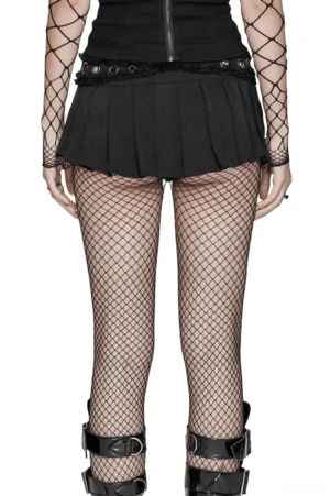 Black pleated gothic mini skirt with detachable buckle belt and lace trim, rear view showing full skirt volume and pleating detail