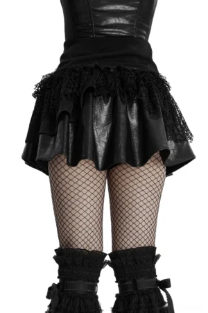 Black gothic lace-up mini skirt with layered faux leather ruffles, back view showing side drawstring and back zipper closure