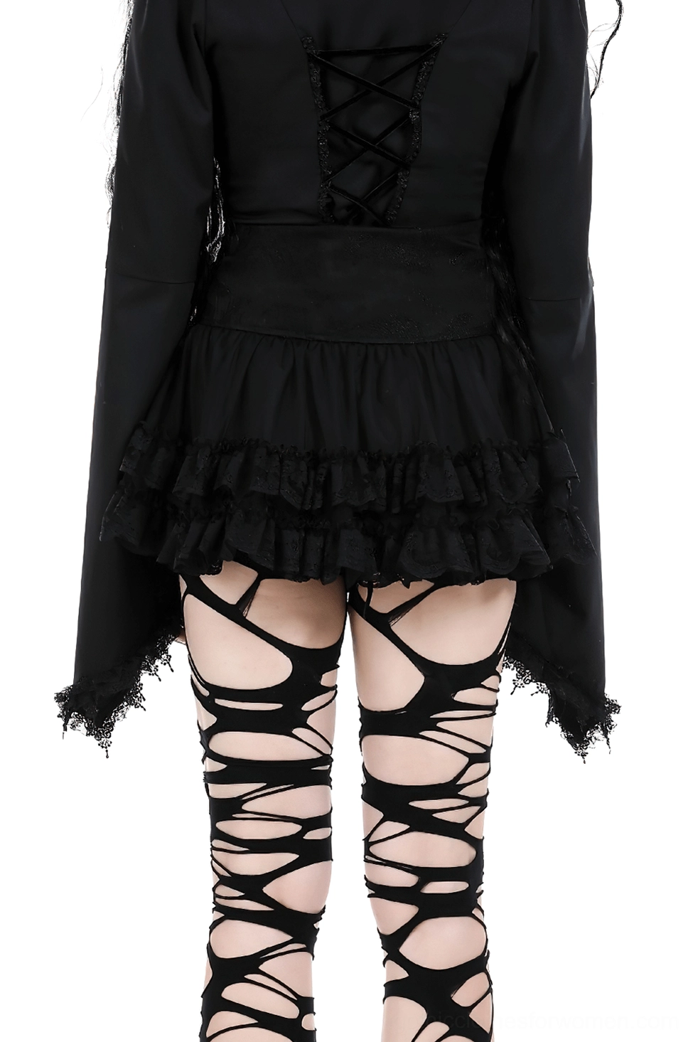 Back view of black gothic lace-up mini skirt showing adjustable corset lacing detail and tiered ruffled tulle hem