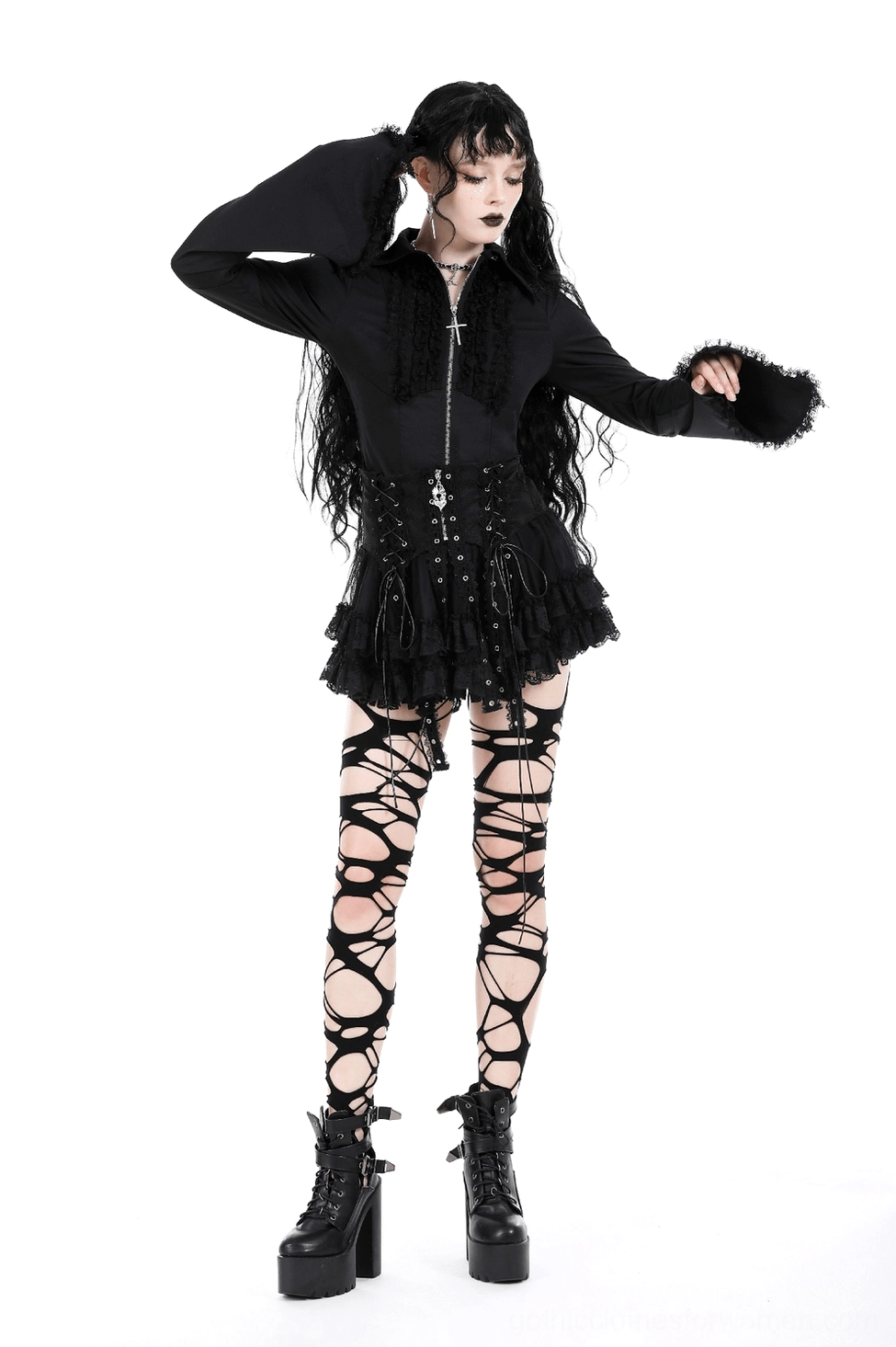 Black gothic mini skirt highlighting adjustable corset lace-up waistband and metallic cross ornament - detail angle