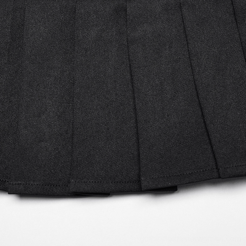 Black gothic pleated mini skirt displayed with detachable leather buckle belt showing styling versatility and construction quality