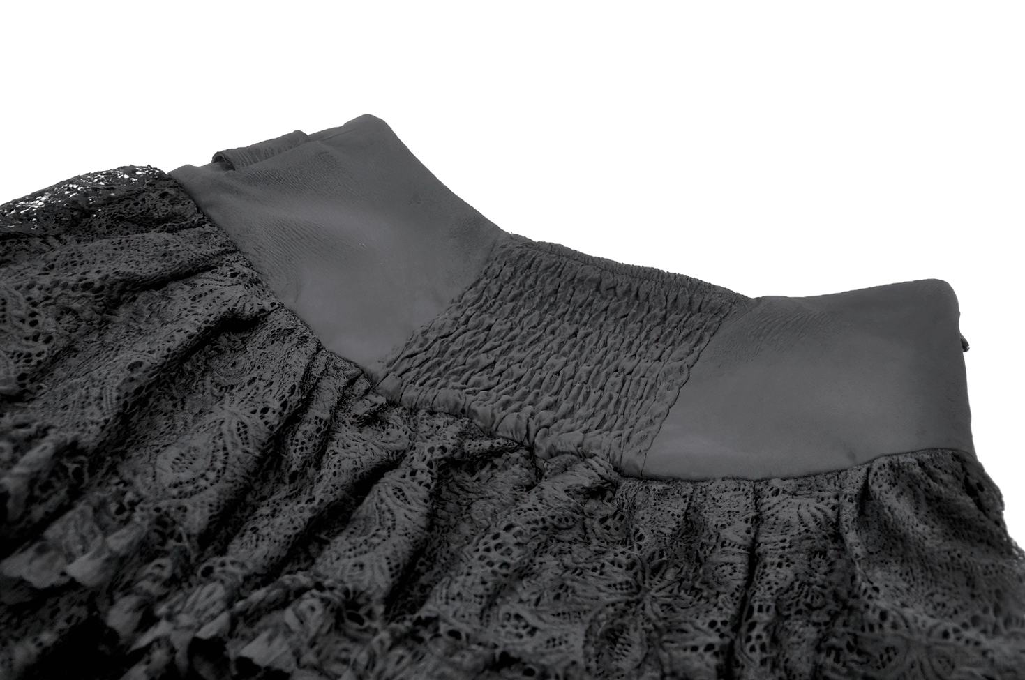 Black gothic mini skirt lace detail - metal eyelet and ruffle layer close-up