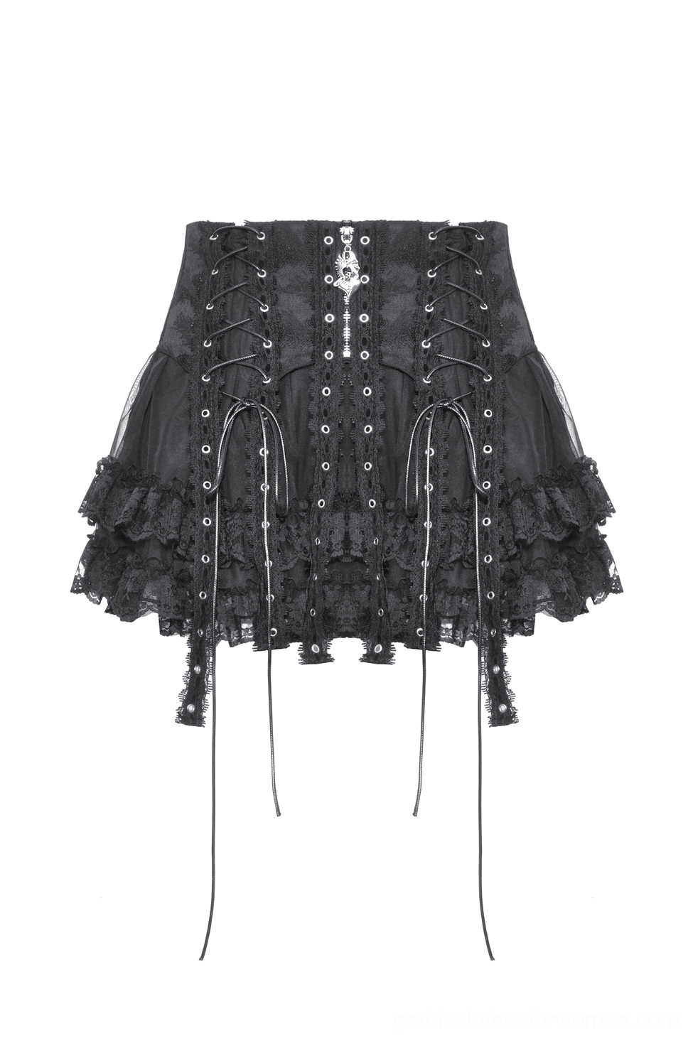 Flat lay view of black gothic mini skirt displaying corset lacing, cross metal ornament, drawstring tassels, and ruffled lace hem