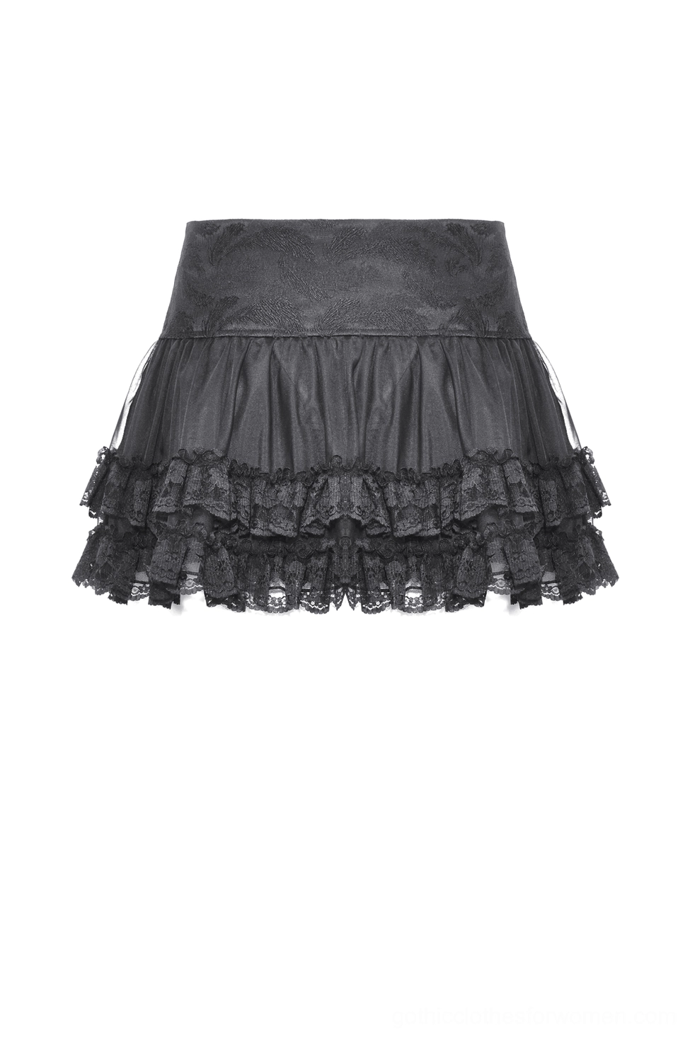Black gothic mini skirt front flat view showcasing solid black fabric and tiered ruffled lace trim border