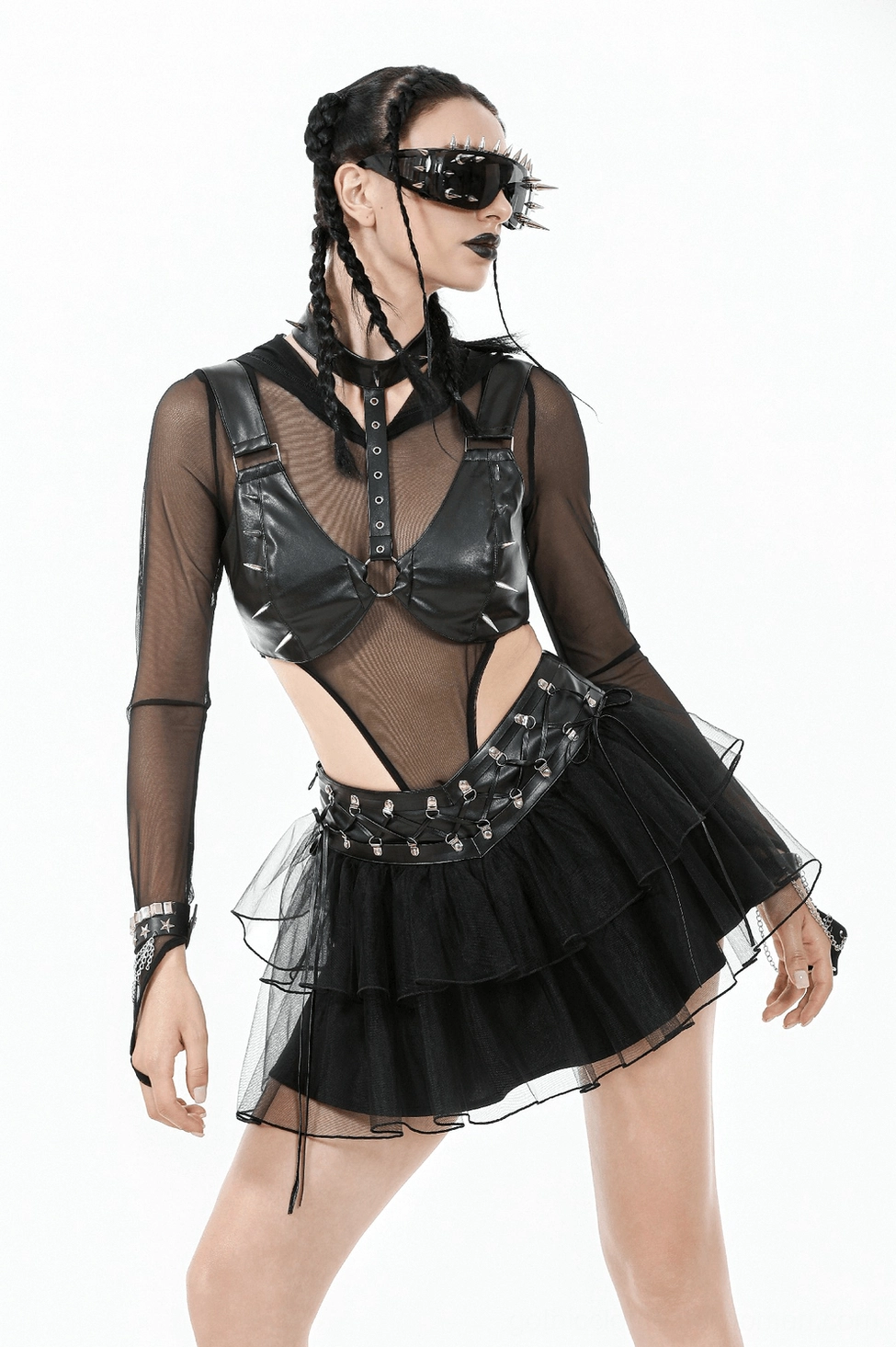 Black gothic mini skirt comprehensive view showing complete tiered tulle construction and harness strap assembly