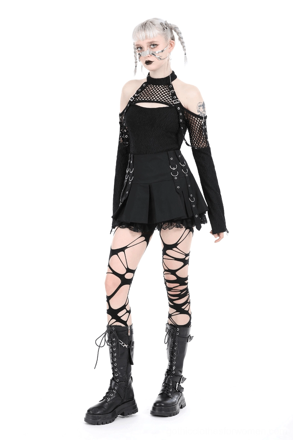 Black gothic pleated mini skirt with metal O-ring hardware and lace hem, styled alternative fashion showcase