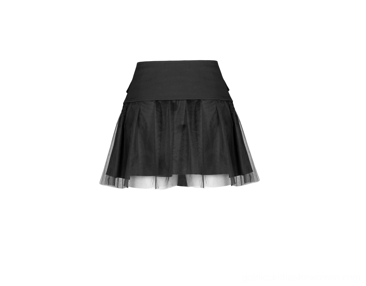 Solid black gothic mini skirt front flat lay with pleated tulle hem and inelastic woven waistband