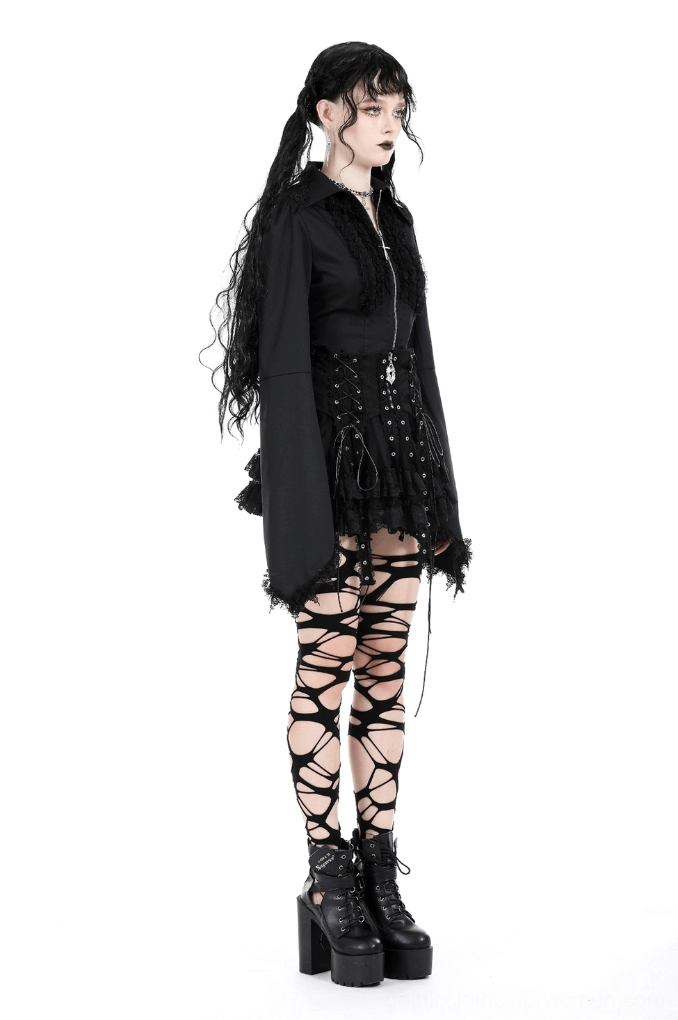Black gothic mini skirt with corset lacing and cross detail - product showcase angle