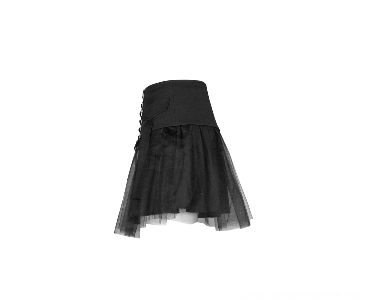 High-waist black gothic mini skirt side view displaying structured waistband and ethereal sheer tulle mesh overlay