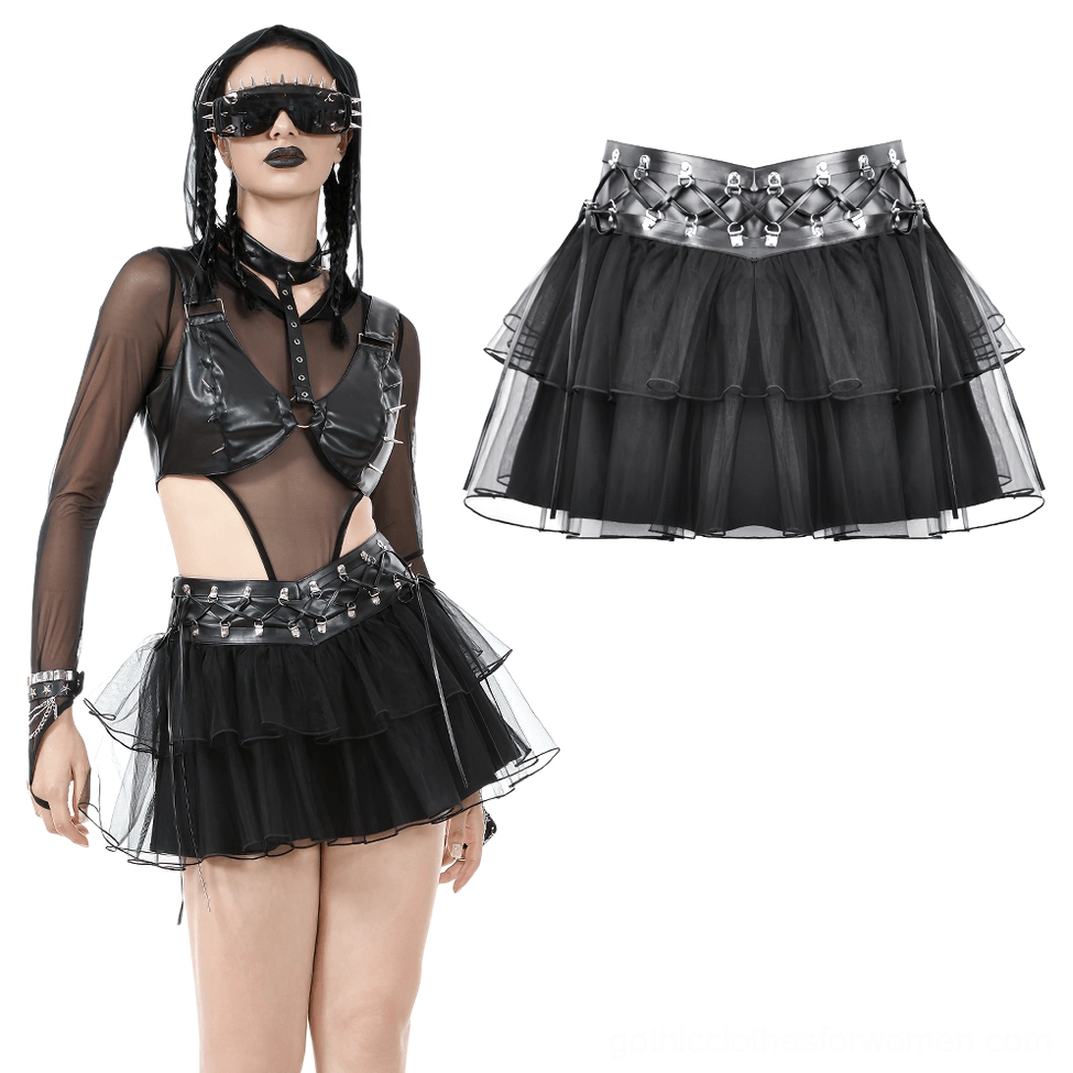 Gothic punk harness mini skirt full side view and flat lay showing layered tulle silhouette and structural details
