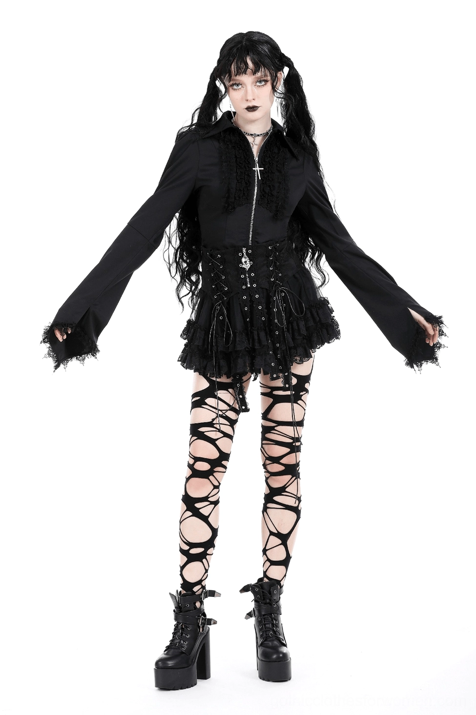 Black gothic lace mini skirt with tiered ruffled tulle hem and drawstring tassels - hem detail showcase