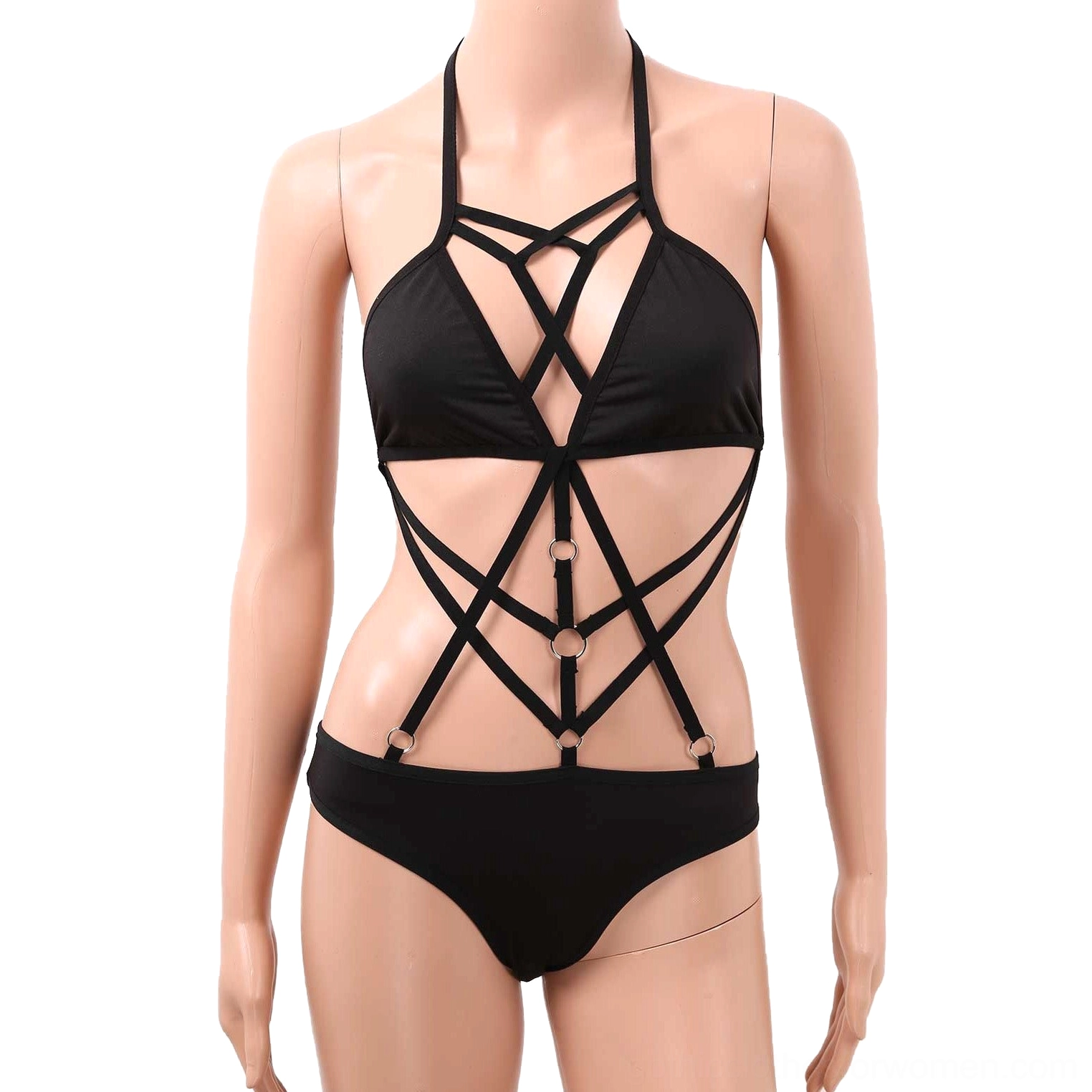 Black gothic strappy monokini on mannequin, direct front view displaying halter neck and crisscross cutout design with metal ring accents