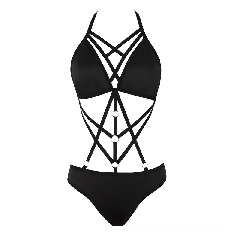 Black gothic monokini front view on mannequin showcasing cutout crisscross design, halter neck construction and metal accents