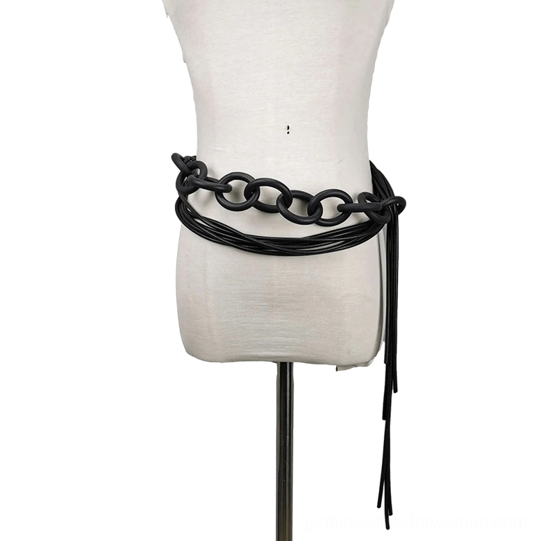 Minimalist black rubber gothic necklace with smooth chain and flat tassel cords, sleek monochrome styling