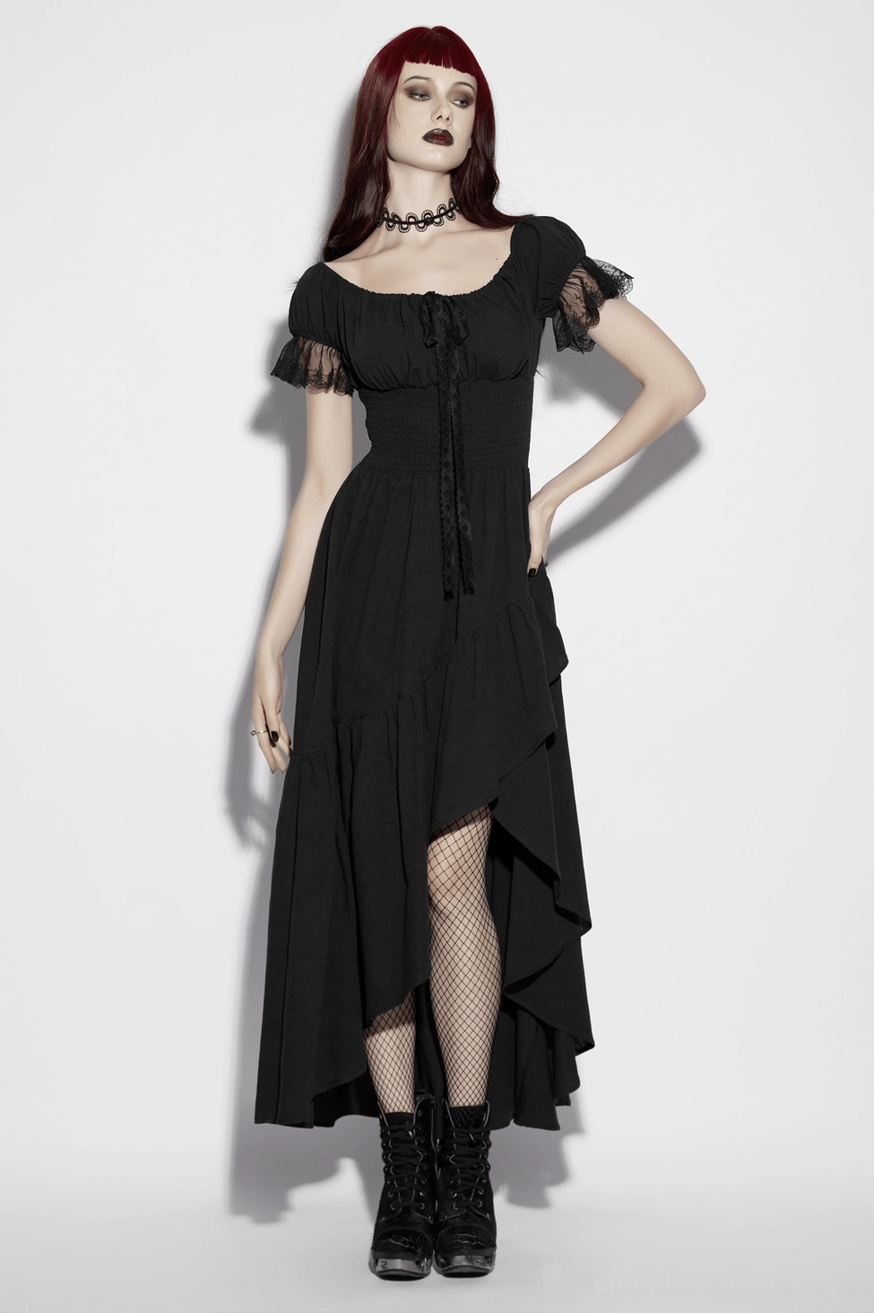 Gothic off-shoulder high-low maxi dress full length view in studio setting