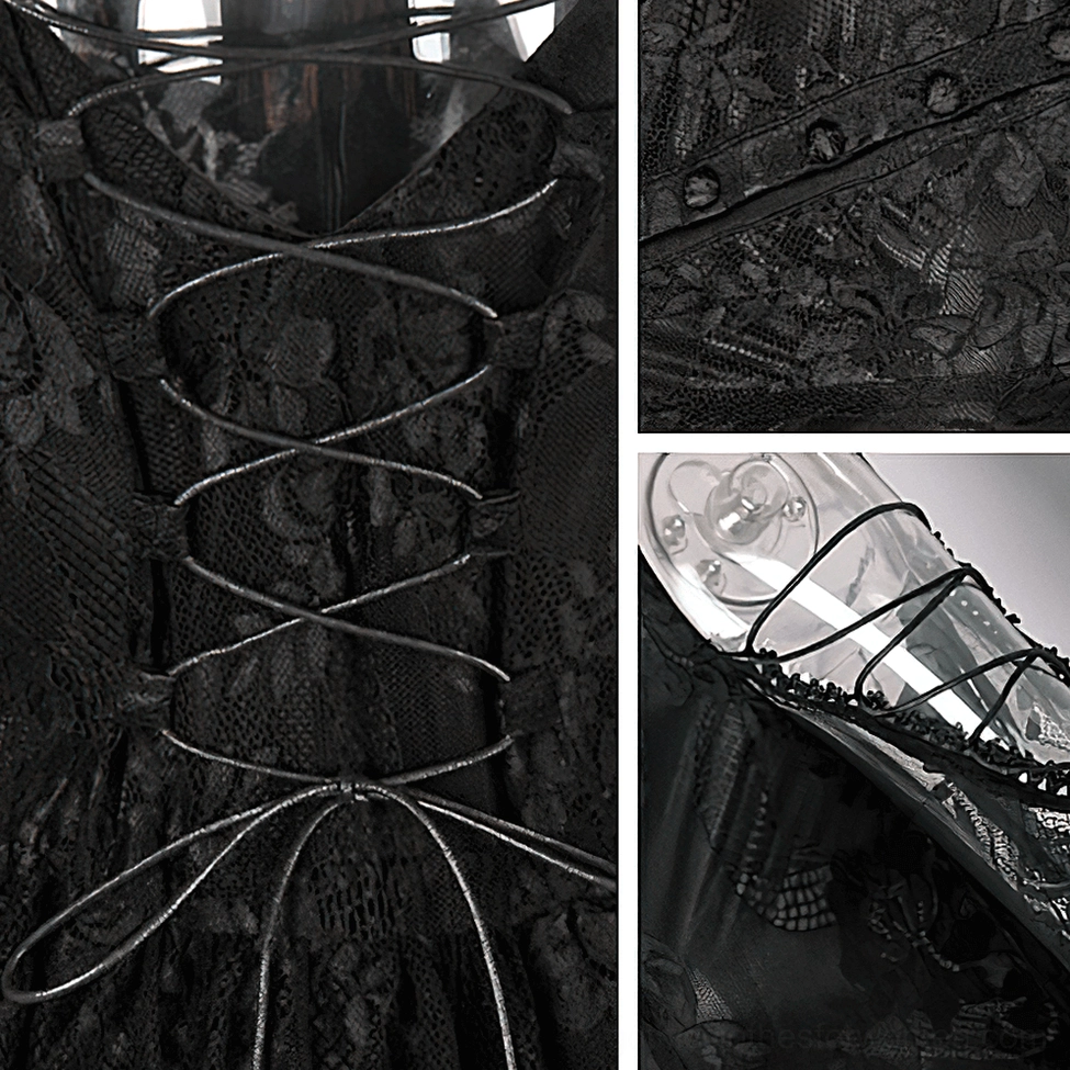 Black gothic off-shoulder lace dress complete styling with alternative fashion accessories and footwear