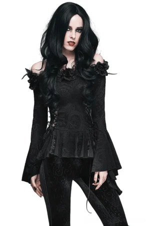 Black gothic off-shoulder top with feathered ruffles and lace-up corset waist detail, front three-quarter view on female model