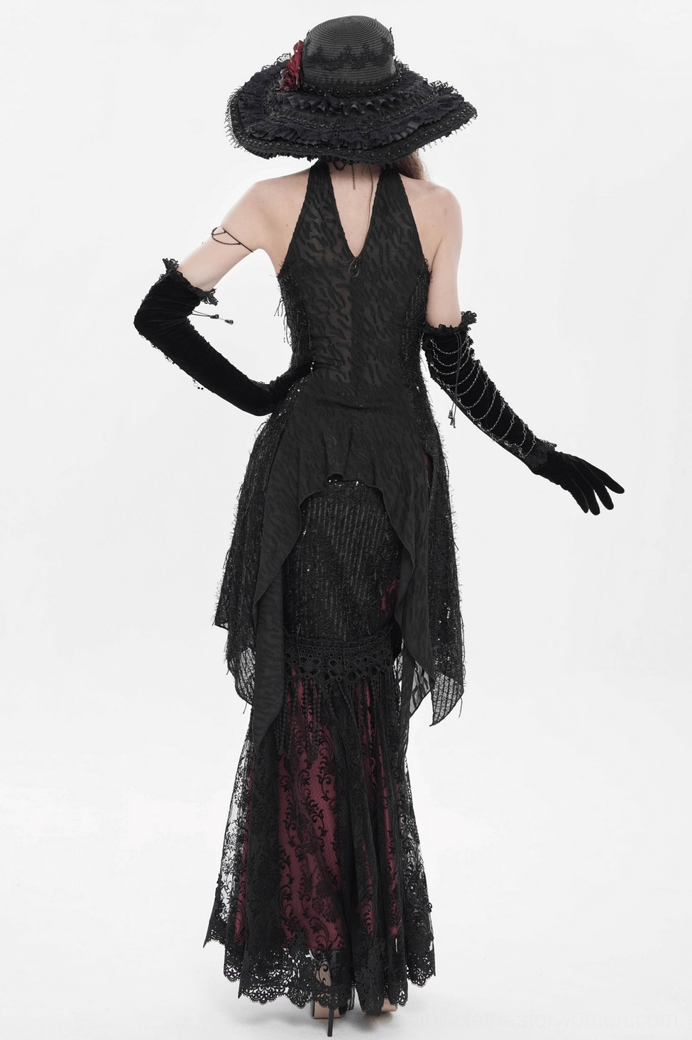 Styled fashion photography of black gothic opera gloves worn with elegant dark aesthetic outfit, showcasing versatile styling options