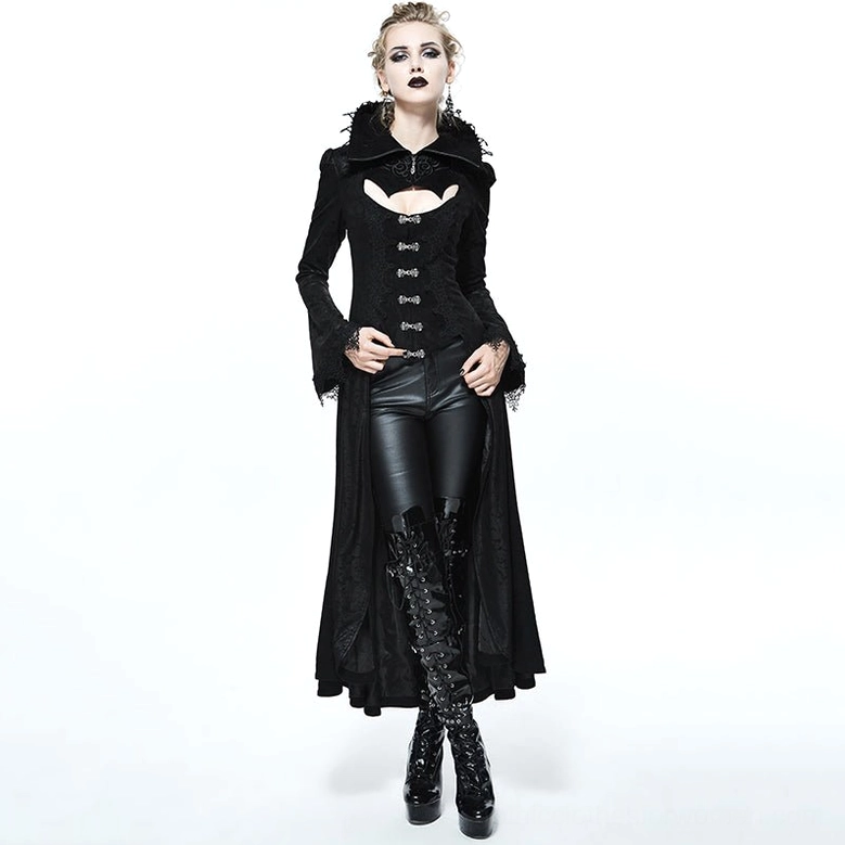 Black gothic long coat alternative fashion outerwear featuring decorative embossed patterns, spiked trim, and ornate metal details