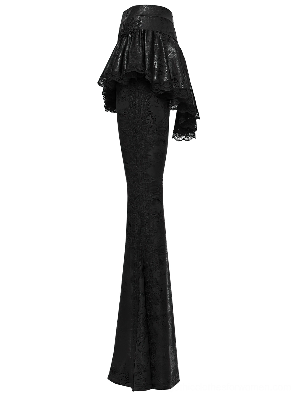Black gothic flared pants asymmetric ruffled peplum side rear flat lay
