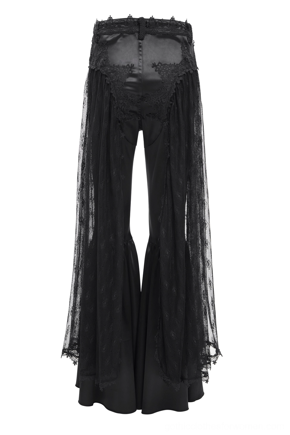 Black bell-bottom gothic pants rear view flat lay displaying high-waisted cut with sheer lace leg panels and satin finish