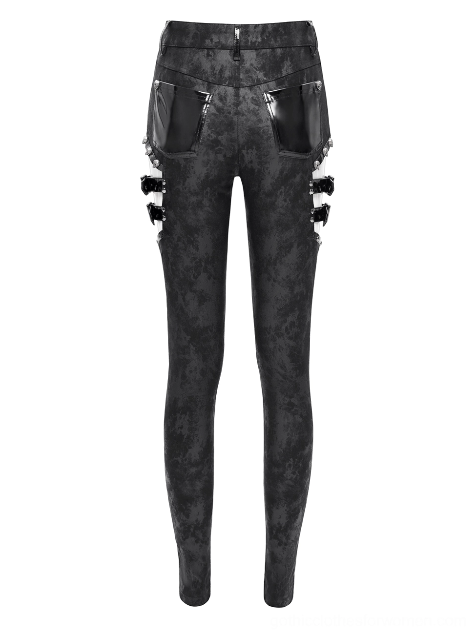 Back product view of black gothic trousers with patent leather back pockets and buckle accents