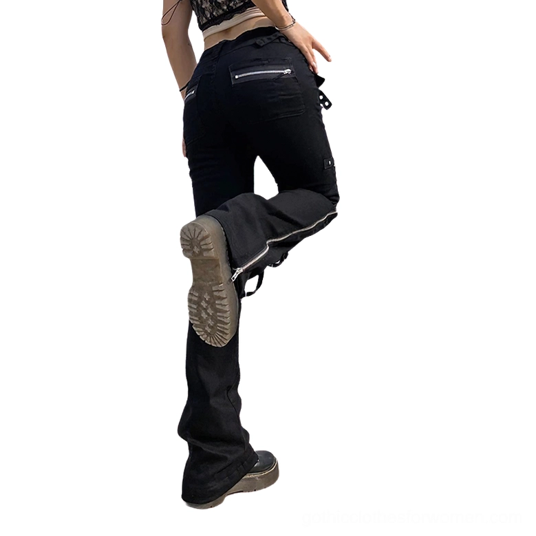Black flared gothic pants rear view with back zipper pockets and leg zipper accents