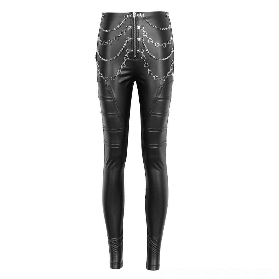 Gothic chain faux leather skinny pants rear flat lay with heart metal chain embellishments