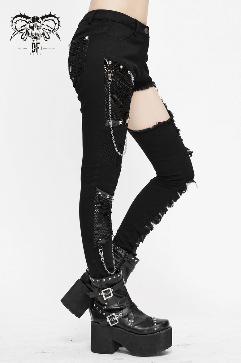 Black gothic pants with chain-adorned seams and asymmetrical design, architectural detail focus