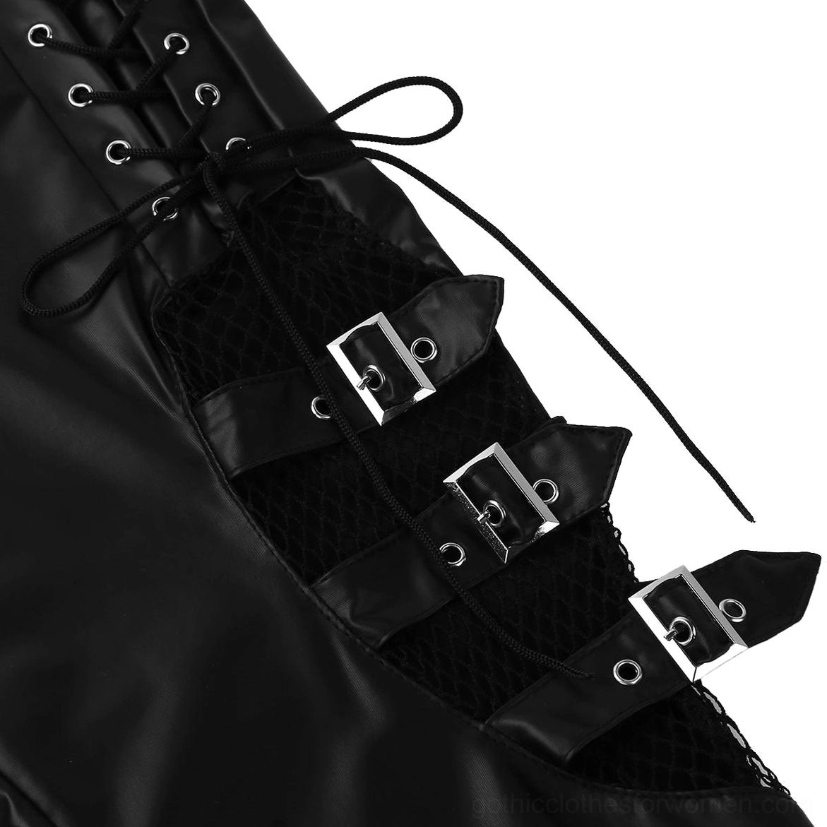 Close-up of black faux leather gothic pants cutout decoration, featuring fishnet fabric, decorative buckle straps, and lace-up ties detail