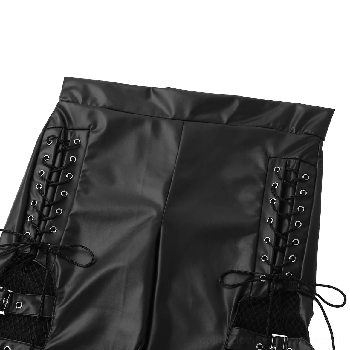 Close-up of black faux leather gothic pants waist and lace-up eyelets section, detail shot of mid-waist construction and material texture