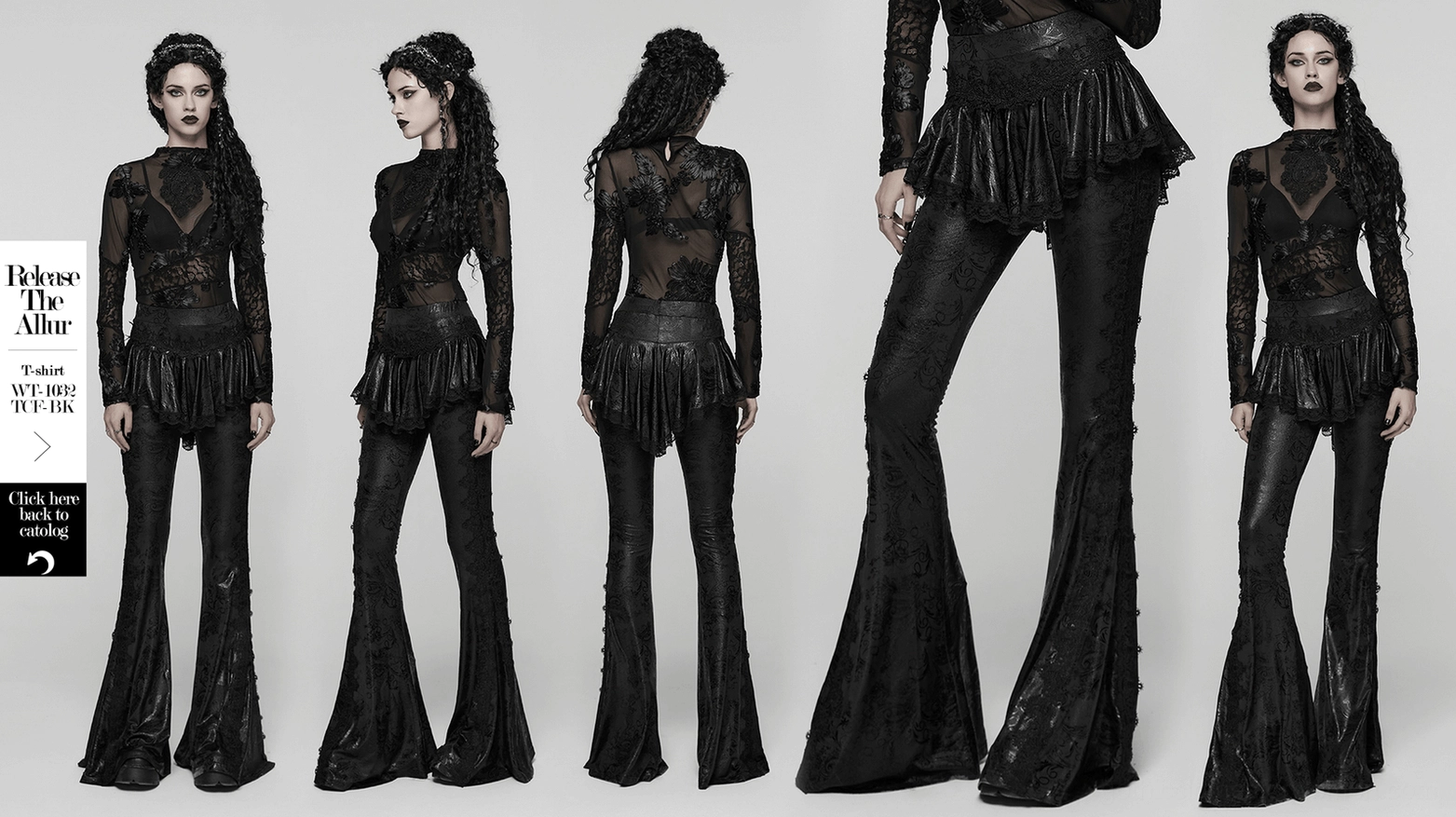 Black gothic pants with lace peplum overlay complete front view