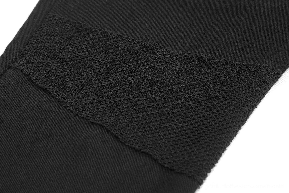 Black gothic pants with metal chains, mesh cutouts, and deconstructed details, full product display