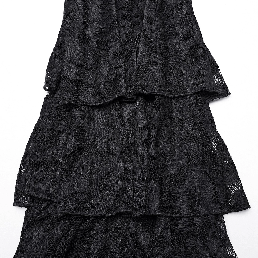 Black gothic lace flared pants showing V-shaped drawstring and tiered lace hem construction from flat lay