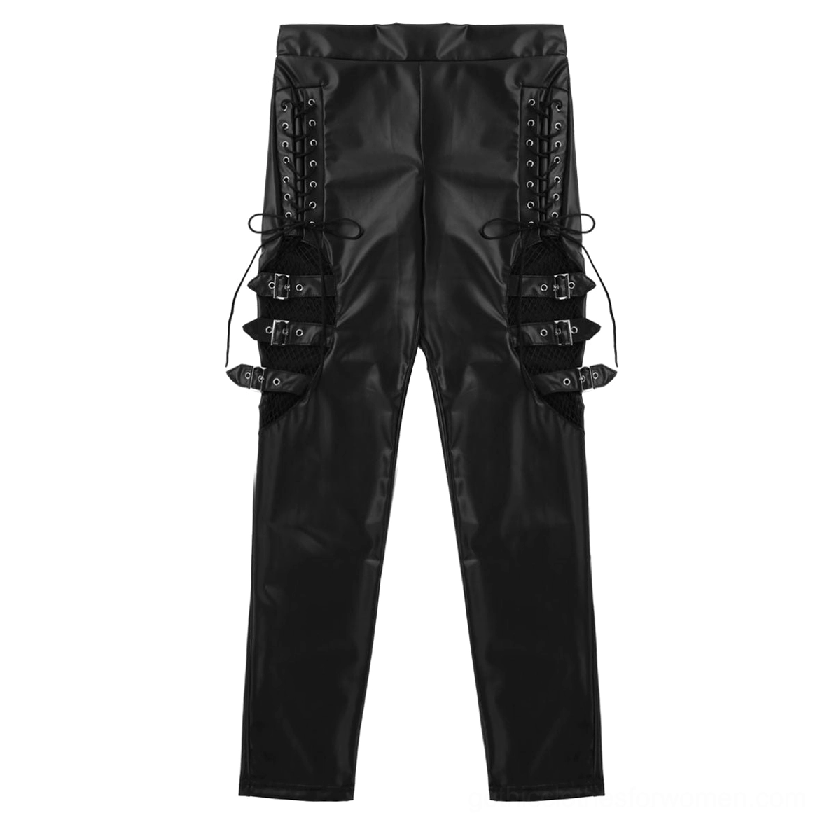 Flat lay of black faux leather gothic pants front, displaying dual lace-up eyelets, fishnet cutout buckles, and structured pencil cut