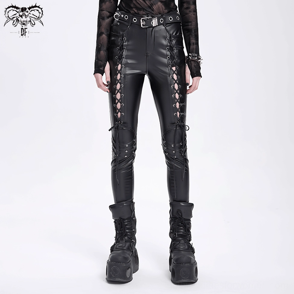 Black gothic pants model wearing front close view, corset lacing and adjustable ties visible
