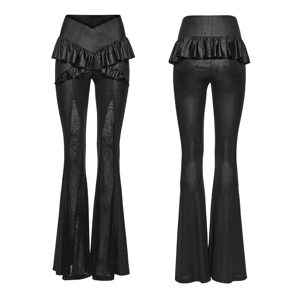 Black gothic spider web mesh flared pants flat lay front and rear view showing cross wrap ruffle waist, mesh panels, and flared silhouette