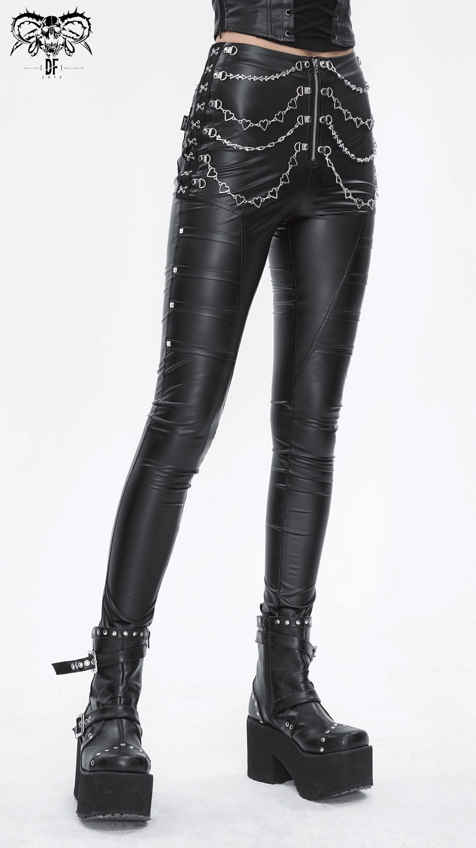 Women's gothic faux leather pants with heart chains and side lace details display