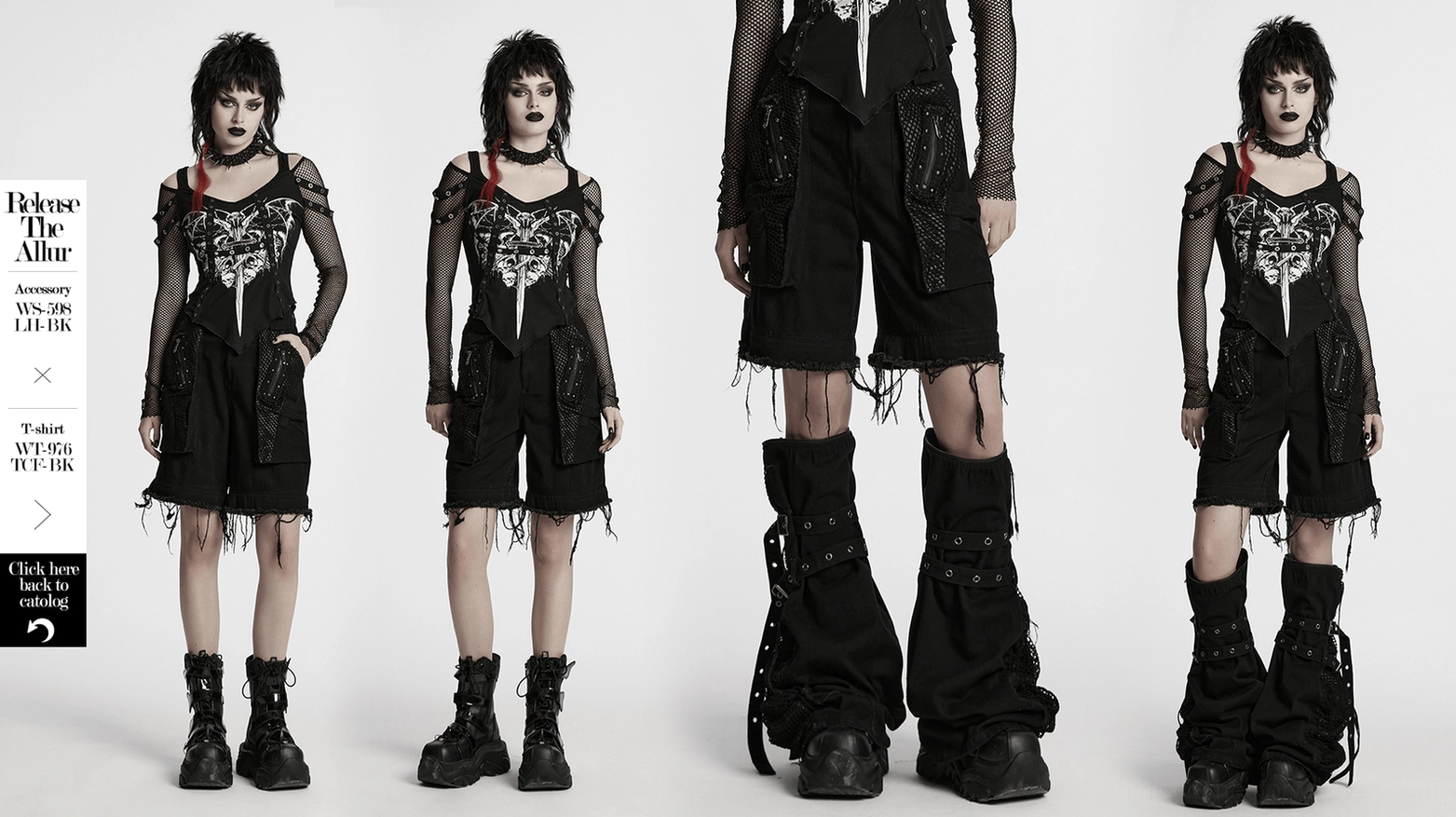 Black gothic pants with mesh pockets and frayed hem edges, flat lay display