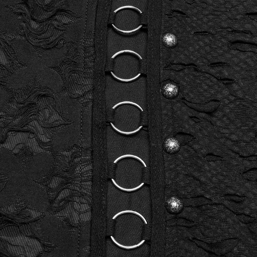 Close-up of black gothic pants O-ring metal strap side hardware stud decorations